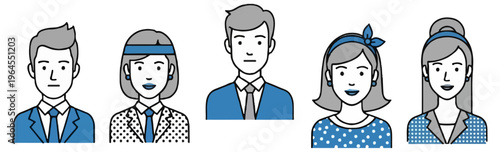 Five stylized head and shoulder portraits of diverse people wearing blue and grey clothing are arranged in a row on a white background.