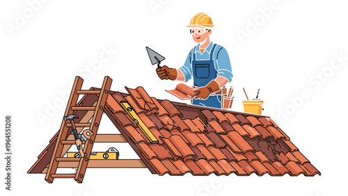 Roofing Craftsman at Work: A skilled roofer, equipped with a trowel, meticulously works on the intricate arrangement of tiles.