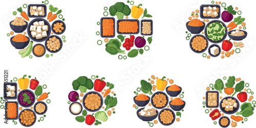 Plant based meal plates vector set with vegetables, legumes, grains and tofu, balanced vegan diet food compositions in colorful flat illustration style