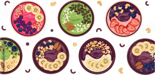 Smoothie bowls vector set with fruits, granola, nuts and berries, healthy breakfast superfood compositions and colorful vegan nutrition illustration