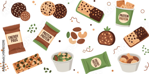 Protein snack bars vector set with energy bites, nuts, seeds, cookies and packaged treats, healthy fitness nutrition food illustration in flat style