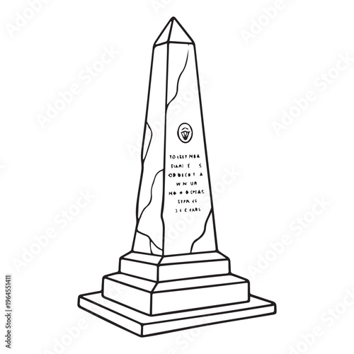 Ancient Egyptian obelisk stone monument with hieroglyphics black and white vector line art
