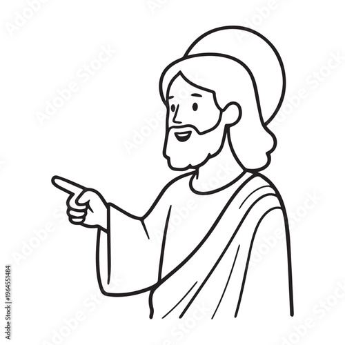 Jesus Christ pointing finger cartoon character black and white vector line art