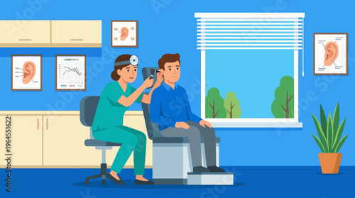 A friendly scene depicting an audiologist checking a patient’s ears, illustrating the importance of healthcare and professional assurance for maintaining ear health and well-being.