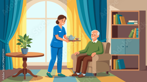 A caring nurse serves tea to an elderly gentleman in a cozy living room, depicting compassion, aging, comfort, and the importance of companionship in a nurturing environment.