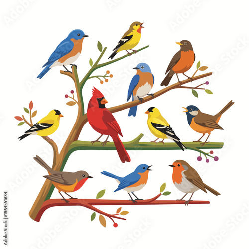 A collection of colorful birds perched harmoniously on branches, celebrating the beauty of nature and the joyful sounds of chirping in a serene natural environment.