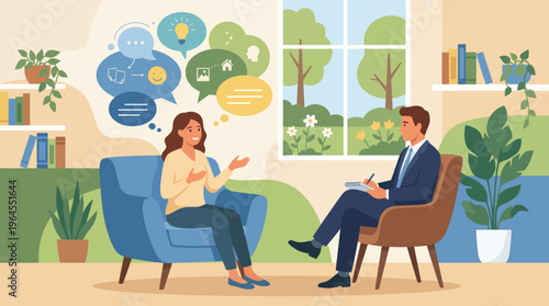This illustration depicts a therapist's office where a client shares their thoughts, symbolizing communication, understanding, and the healing process in a warm environment.
