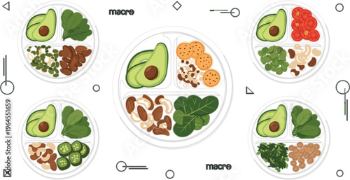 Macro balanced meal bowls vector with avocado, nuts, legumes and greens, healthy diet portions and plant based nutrition composition illustration