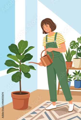 A cheerful person is watering a fiddle leaf fig plant indoors, embodying a fresh and vibrant atmosphere that highlights the joy of indoor gardening and plant care.