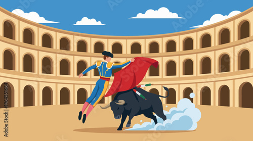 A dynamic scene of a bullfighter gracefully maneuvering with a red cape, showcasing bold colors and intense movement in a classic bullfighting arena against a blue sky.