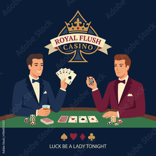 Two elegantly dressed men play cards at the Royal Flush Casino, embodying the excitement of gambling, friendship, and competitive spirit under the glamorous casino lights.