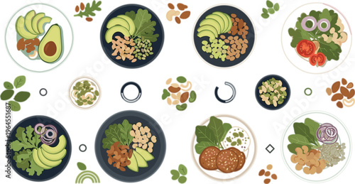 Healthy plant based bowls vector with avocado, legumes, vegetables and grains, balanced vegan meals and clean eating food composition illustration set