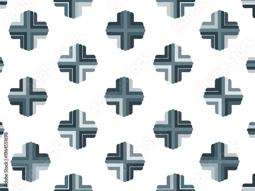 Seamless pattern of stylized layered teal crosses on white background