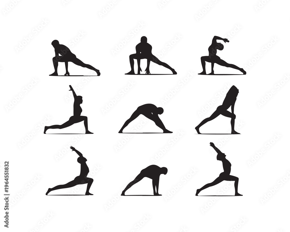 Obraz premium A set of nine black silhouette figures performing different yoga poses and stretches, highlighting strength and flexibility on