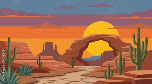 A breathtaking desert scene featuring dramatic rock formations and a vibrant sunset sky, representing the beauty of nature's landscapes and the allure of adventure.