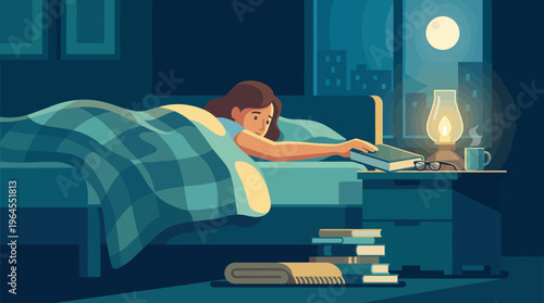 A tranquil nighttime scene showing a person reaching for a book, with a warm lamp's glow and moonlight creating a cozy and inviting reading environment.