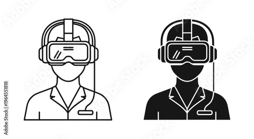 Virtual reality headset user icons, person wearing VR goggles and headphones vector, futuristic gaming and simulation technology avatars
