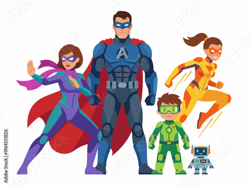 A colorful illustration of a superhero team, complete with capes and masks, exuding strength and unity as they pose in various action stances, rich in creativity and imagination.