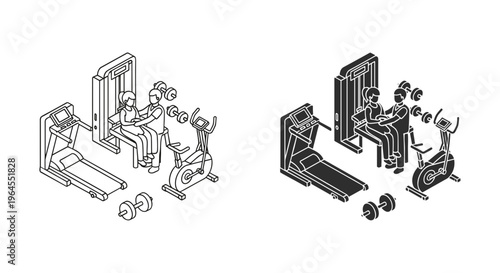 Isometric gym equipment vector set, treadmill and stationary bike icons, fitness workout machines in line art and solid black styles