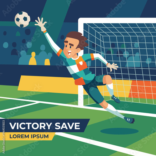 An engaging soccer illustration captures a goalkeeper diving to make a victory save, embodying action, excitement, and the thrill of sports in a vibrant stadium atmosphere.