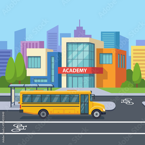 A vibrant illustration of a modern academy with a yellow school bus parked in front, set against a cheerful city skyline featuring various buildings and greenery.