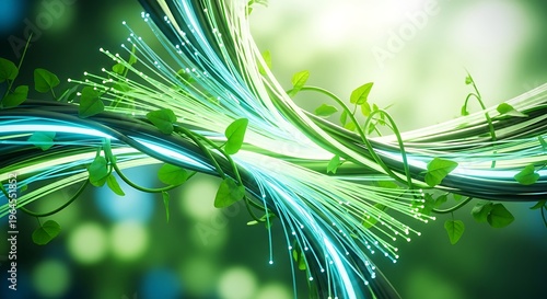 Fiber optic cables intertwined with green vines and leaves in a natural setting