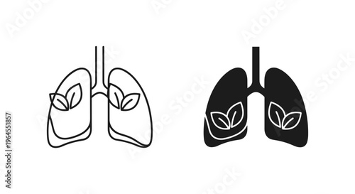Minimalist human lungs with green leaves icons, respiratory health and clean air concept vector, medical anatomy and environment symbol set