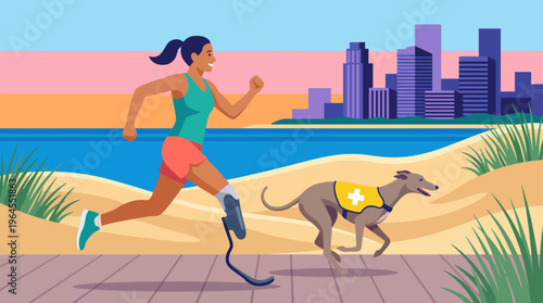 A dynamic scene of a woman running on the beach with her dog, exemplifying fitness, companionship, and a vibrant coastal lifestyle filled with energy and joy.