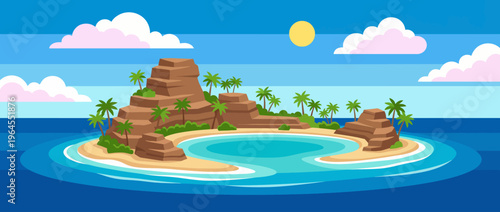 This vibrant tropical island scene showcases stunning rock formations along with lush palms and tranquil blue waters, perfect for relaxation or vacation imagery.