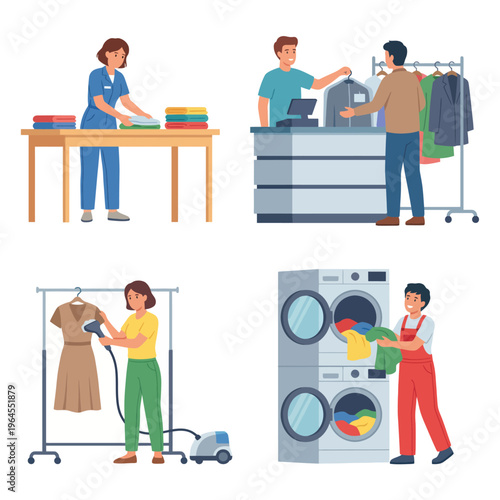 A vibrant illustration of a laundry service depicting staff folding clothes, serving customers, ironing, and operating machines, capturing the essence of cleanliness and productivity.