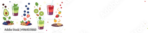 Healthy smoothie bowls and drinks vector with fresh fruits, granola, layered juices and superfood ingredients, colorful nutrition illustration in flat style