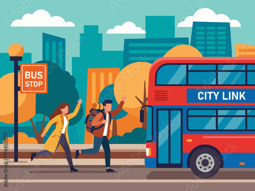 This busy urban scene captures the moment of a city bus stopping at a bus stop, emphasizing urban mobility and the vibrant energy of city life with passengers rushing to board.