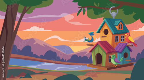 Charming and vibrant birdhouses perched on a tree branch against a serene sunset backdrop, highlighting the beauty of nature and avian life in a whimsical style.
