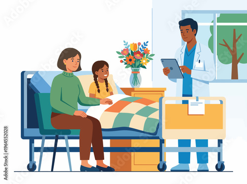A caring mother and her daughter visit a patient in a hospital room, offering support and comfort alongside a cheerful bright window and a bouquet of flowers.