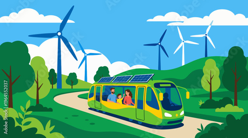 A picturesque scene featuring a solar-powered tram traveling through a green landscape, emphasizing sustainable transport and family enjoyment against the backdrop of nature.
