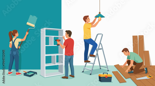 This image focuses on family members engaged in various home improvement tasks, such as painting and assembling furniture to create a warm and inviting living space.