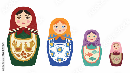 A beautifully illustrated set of traditional Russian Matryoshka nesting dolls, showcasing intricate designs and colors that represent cultural heritage and craftsmanship.