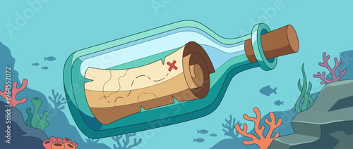 An enchanting underwater scene features a glass bottle containing a treasure map, surrounded by vibrant coral and underwater life, symbolizing exploration and discovery.