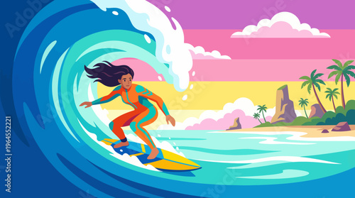A thrilling image of a confident surfer gliding on vibrant ocean waves during sunset, symbolizing freedom, adventure, and the excitement of surfing in a tropical paradise.