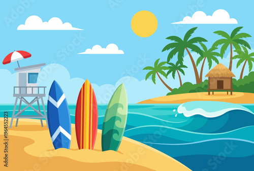 This vibrant beach scene features colorful surfboards, a lifeguard tower, and lush palm trees near the water, creating a perfect summer day vibe for relaxation and fun.