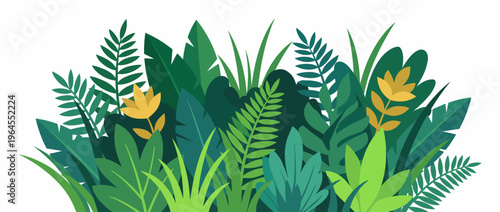 A vibrant array of assorted tropical leaves in varying shades of green and bursts of yellow, creating a lush and lively backdrop suitable for nature-related themes.