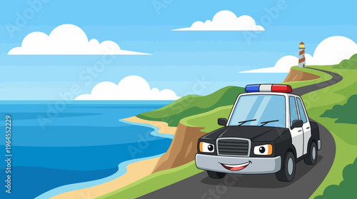 A vibrant cartoon-style illustration of a happy police car driving along a coastal road with a lighthouse in the background, portraying joy and security in a fun way.
