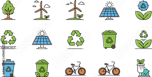 Renewable Energy and Eco-Friendly Icons Set Including Solar, Wind, Recycling, and Green Transportation Graphics for Sustainability