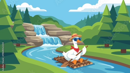 A cheerful duck in sunglasses navigates a serene river on a raft, surrounded by lush green trees and a beautiful waterfall, capturing the essence of nature's tranquility.