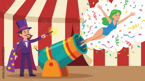 A magician entertains the audience by launching his glamorous assistant from a colorful cannon, surrounded by festive decorations that evoke excitement and wonder.