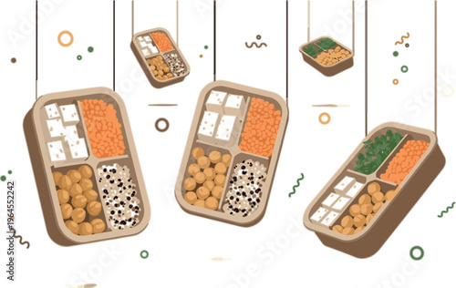 Healthy meal prep containers vector with balanced diet portions, lunch boxes, protein, vegetables and grains, modern flat food illustration for nutrition planning