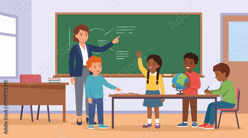 A vibrant classroom scene showcasing a teacher instructing enthusiastic children, fostering a love for learning and collaboration through hands-on activities and teamwork.