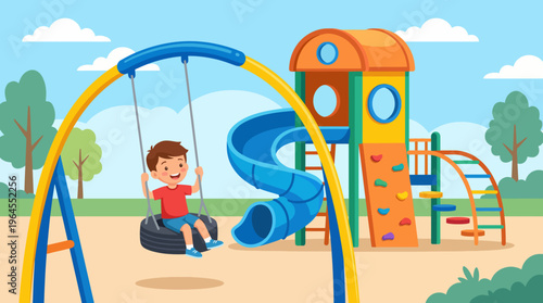 This cheerful image of a playground showcases children playing on swings and slides, embodying joy, energetic playfulness, and social interaction in a colorful setting.