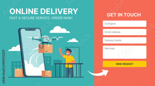 An illustration showing an innovative online delivery service using a drone to transport packages, highlighting modern technology and convenience in e-commerce and daily life.