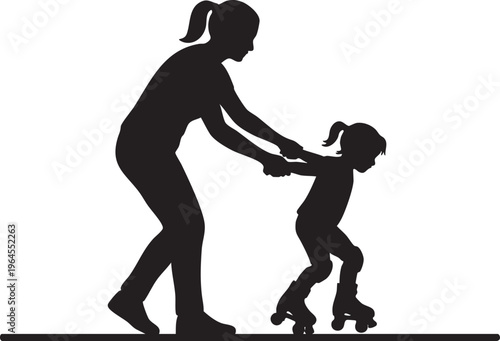 Silhouetted adult patiently guiding a young child learning to roller skate, symbolizing support and development of new skills